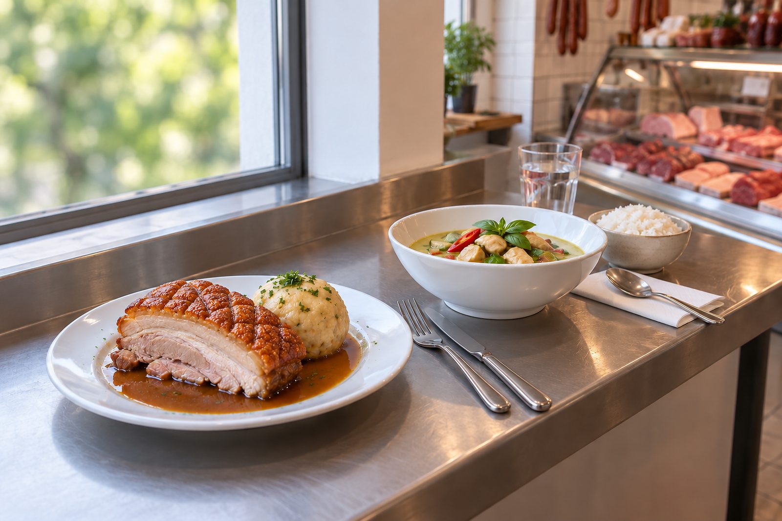 Edelstahl-Stehtisch am Fenster: vorne ein Teller Krustenbraten mit Knödel, dahinter ein grünes Curry mit Reis