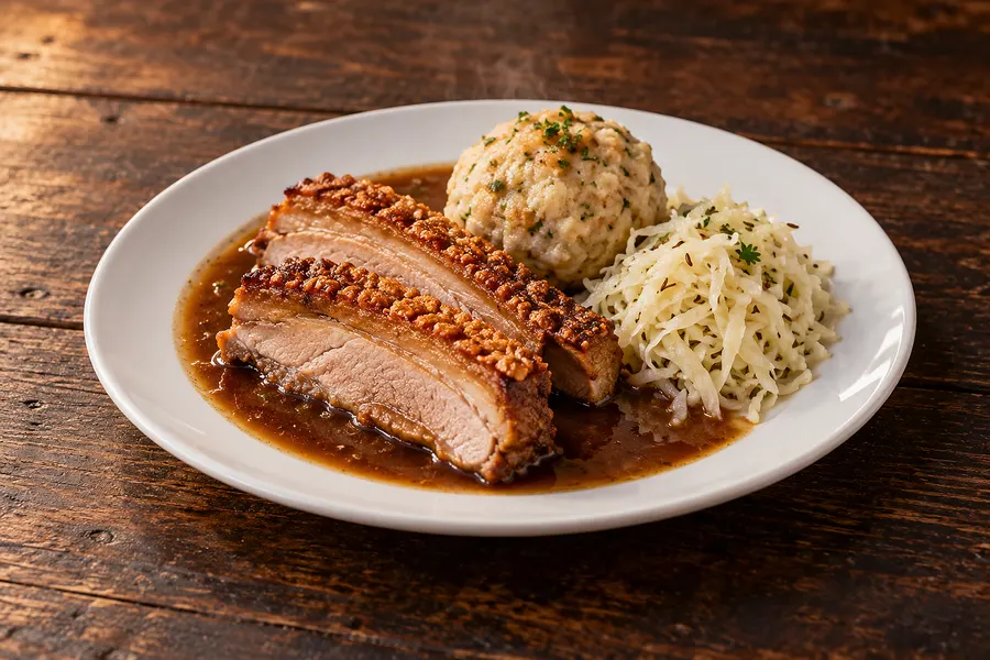 Krustenbraten mit Semmelknödel, Soße und Krautsalat