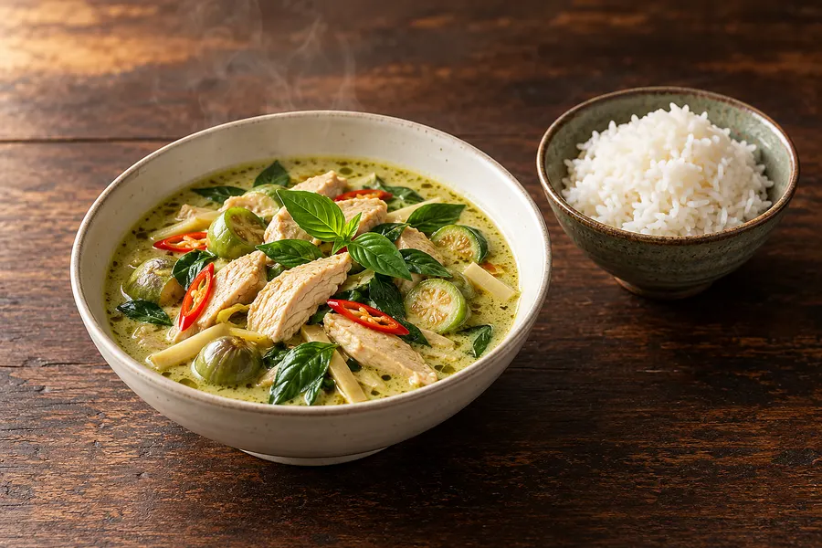 Grünes Thai-Curry mit Hähnchen, Bambus und Thai-Basilikum, daneben Reis