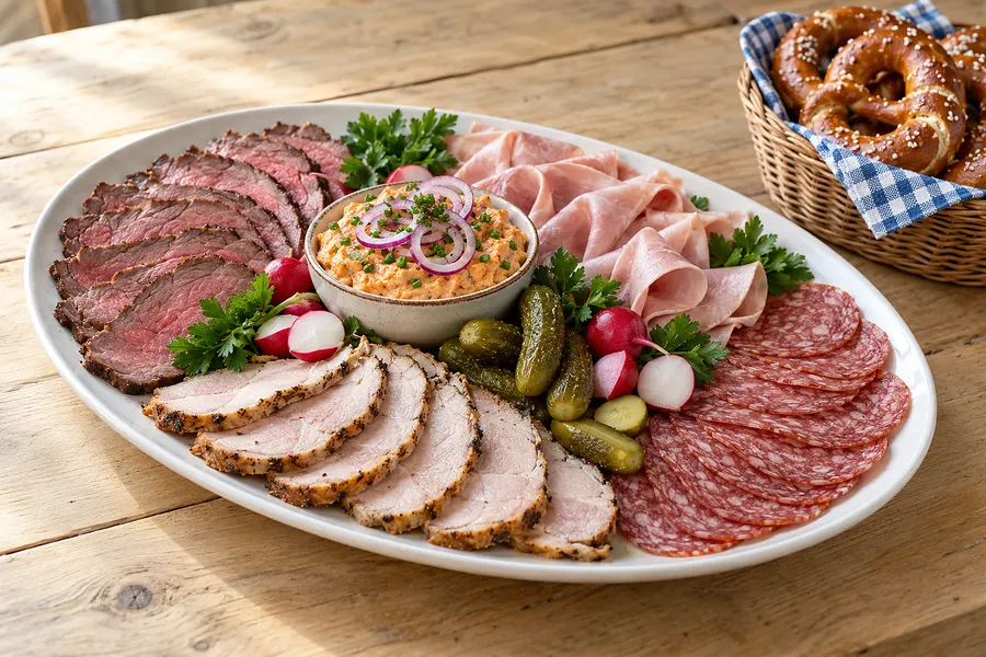 Ovale Platte mit kaltem Braten, Roastbeef, Schinken, Salami, Obatzda, Radieserl und Brezen