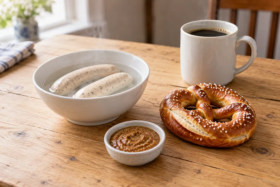 Zwei Weißwürste in heißem Wasser, Senf, eine Breze und ein Becher Kaffee auf einem Holztisch